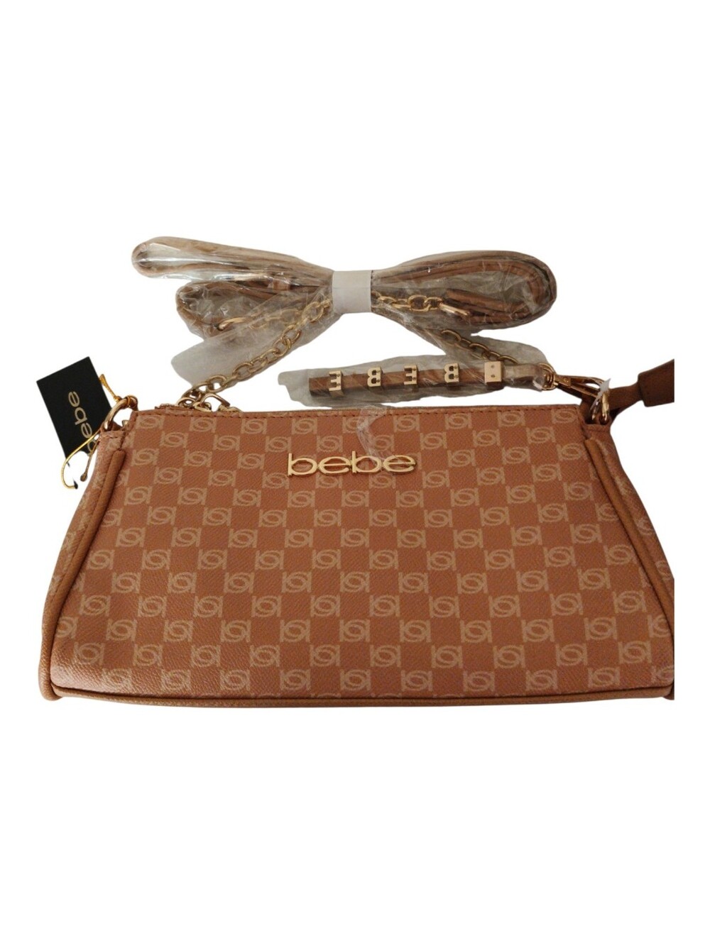 bebe Tan Logo Crossbody with Gold Hardware